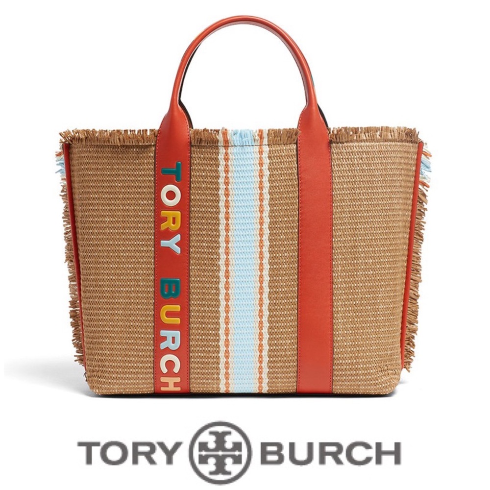 Tory Burch Perry Straw Triple Compartment Tote EUC